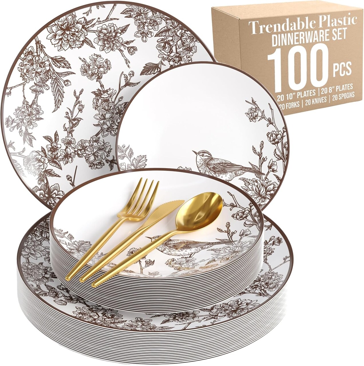 Trendables Fancy Plastic Wedding Dinnerware Set – Gold Disposable Forks Spoons Knives, 10” Charger Plates & 8” Dessert Plates – Elegant Reception, Holiday, Banquet & Special Event Supplies